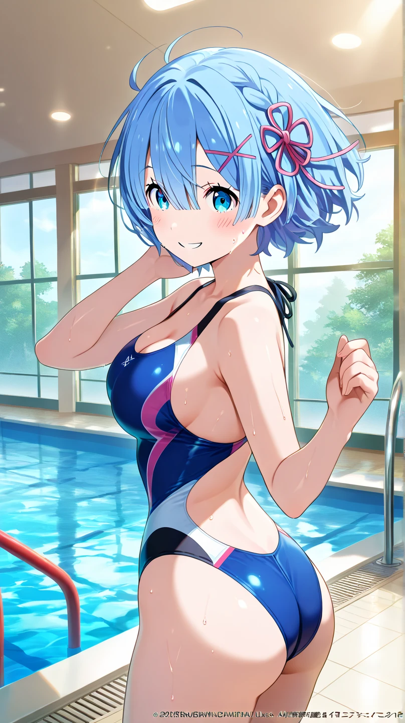 Anime illustration、highest quality、Voluptuous gravure idol、bikini、Rash guard、Poolside、overwhelmingly big breasts、very thick thighs、Beautiful, shining eyes、Cowboy Shot、smile、Noise Reduction、Show your armpits