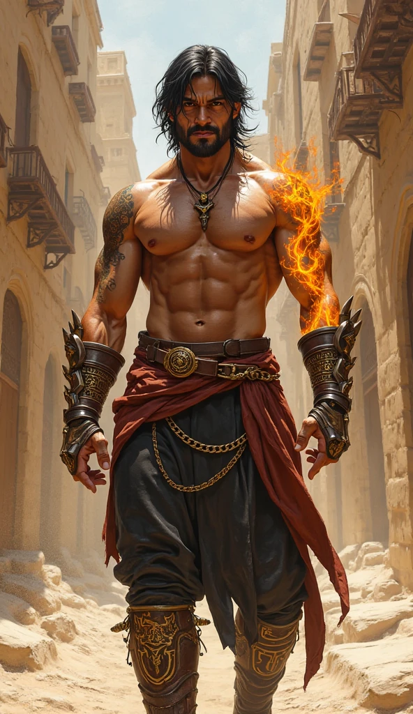 full-body oiled muscular youthful black spikey haired greek god waist loosely wrapped in a revealing narrow black cloth, floating in an fiery realm