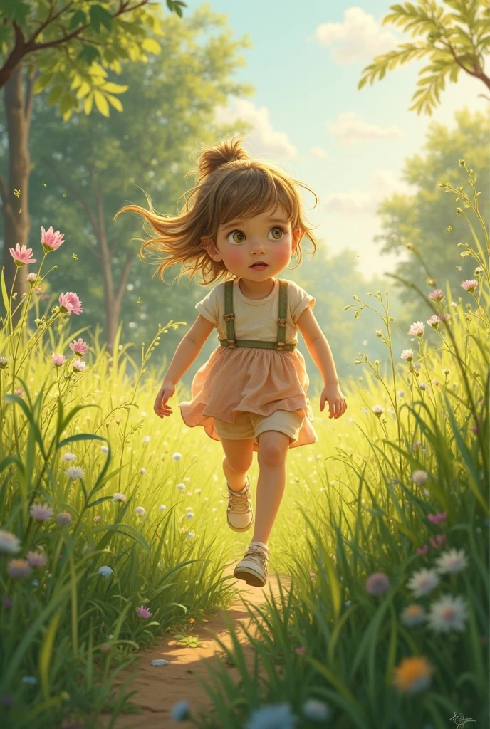 (floating, best quality, ultra-detailed),(minimalist watercolor),(1girl), energetic, pastoral, lively, (cute animals:1.2), green grasslands, pink flowers