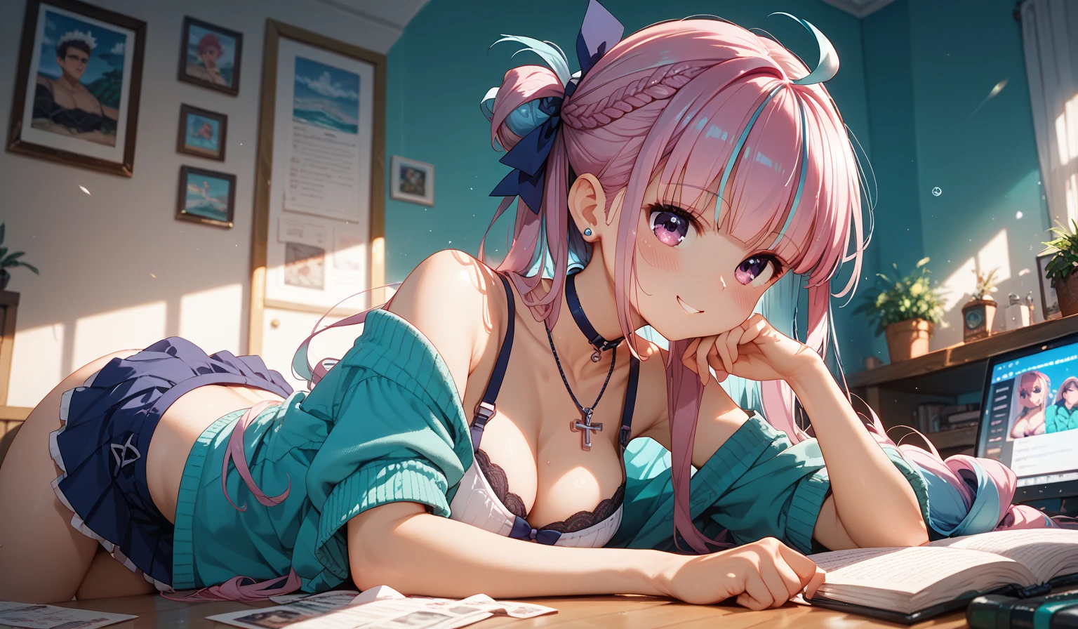 mmfate1, cleavage, blush, pink hair,blue eyes, tank top, short shprts, sitting, bedroom ,window, single hair bun, bun cover, blue bun cover,asymmetrical hair,