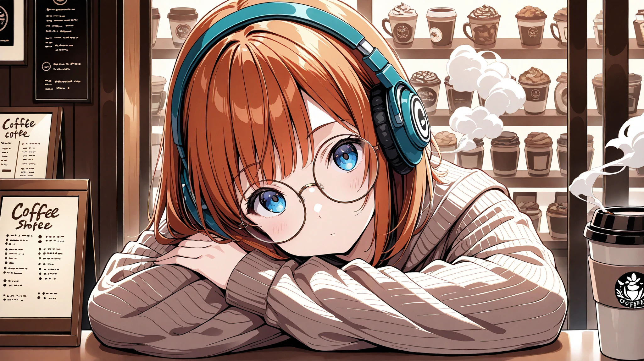 1girl, solo, staring at viewer, blur, coffee shop, bobbed hair, headphones, round glasses, head tilt, thoughts, sitting, coffee, smoke, smoke