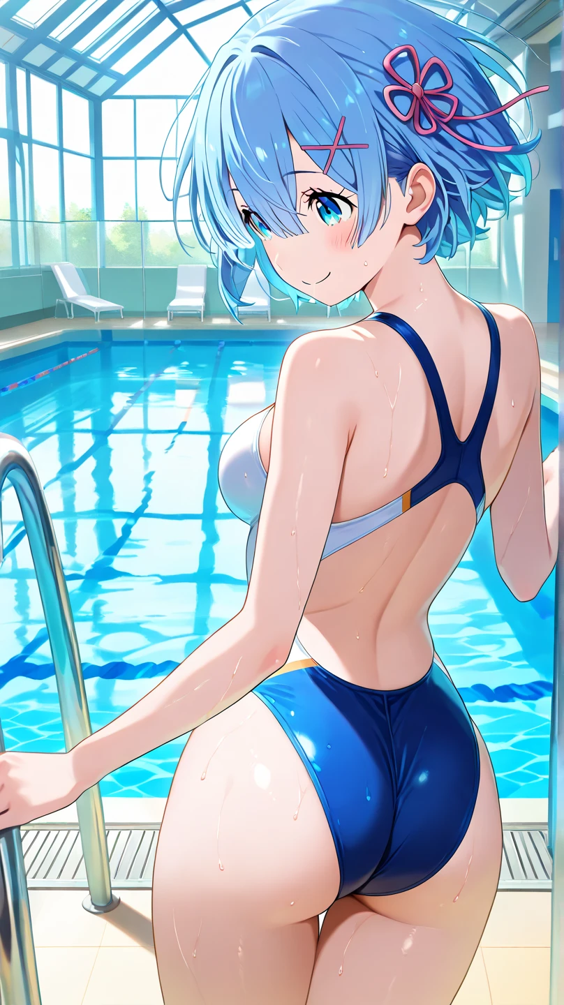 ((Highest quality)), ((masterpiece)), (detailed), A cute blue-haired girl, Poolside,Giddy Smile,Sunlight,from_above,Booty pose,Arching the back,Arms Up