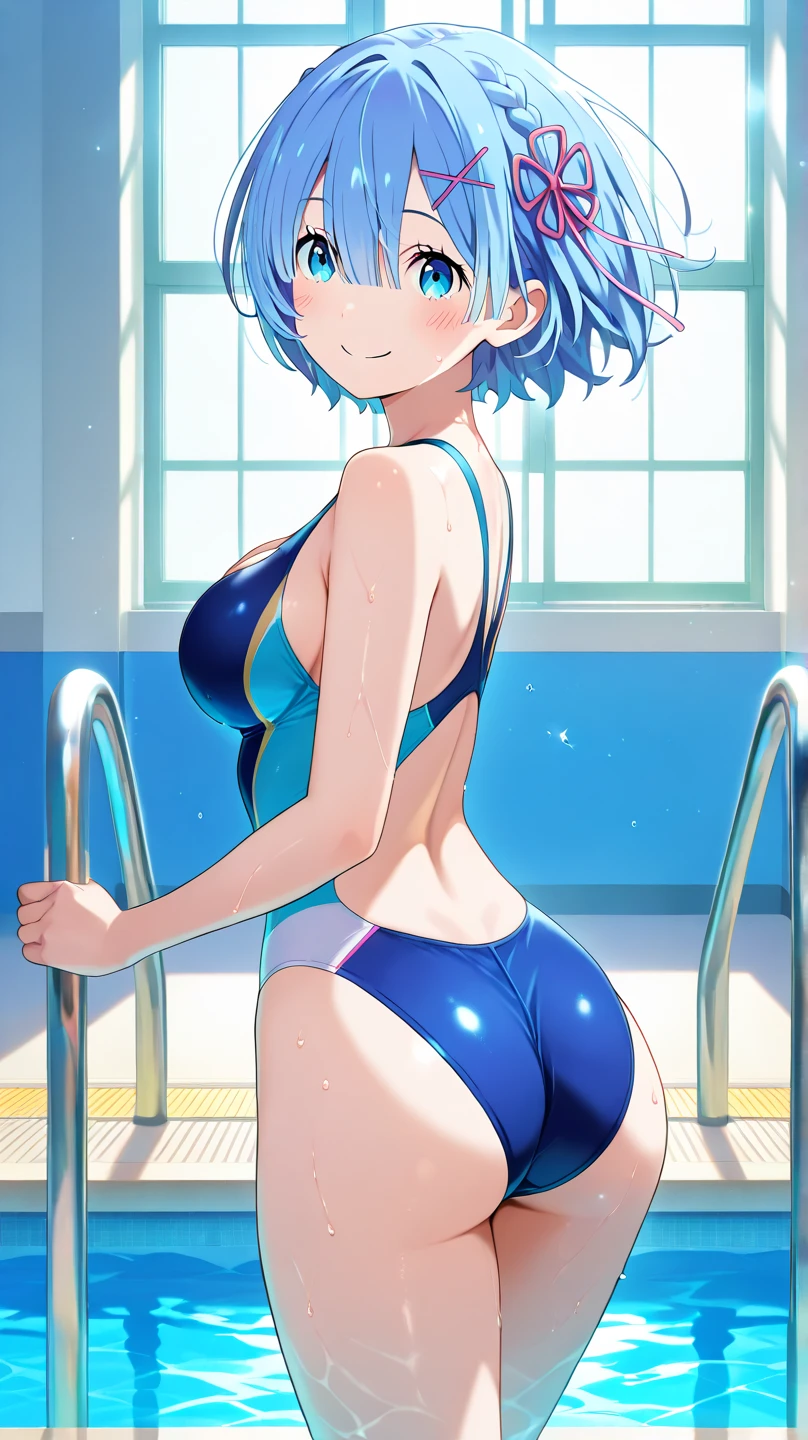 1girl, solo, looking at viewer, blush, short hair, open mouth, bangs, blue eyes, bare shoulders, blue hair, standing, swimsuit, ass, thighs, cowboy shot, horns, looking back, indoors, blunt bangs, from behind, :o, one-piece swimsuit, bare arms, school swimsuit, demon horns, desk, blue one-piece swimsuit, classroom, school desk, chalkboard
