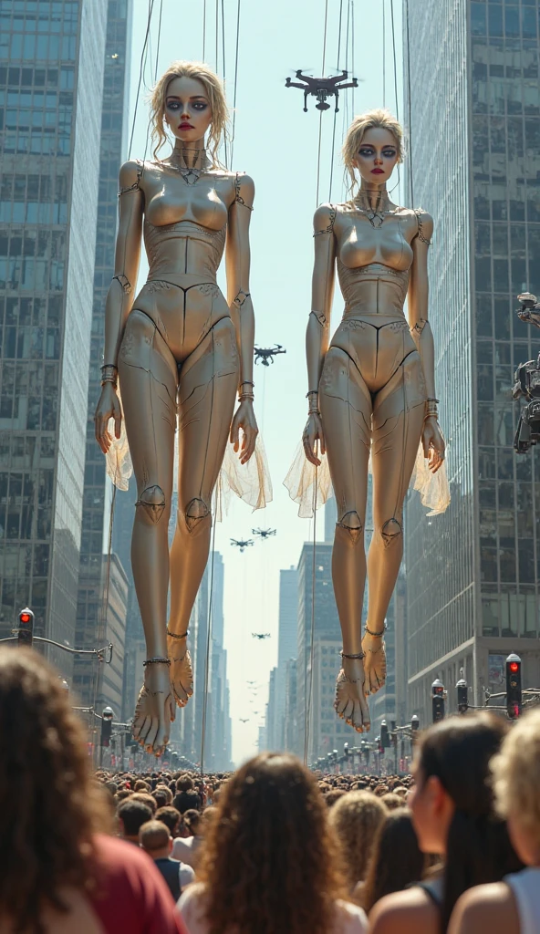 Woman's cyborg walking down the street in a crowd of people in the big city, defile show, high quality, best quality, absurdres, masterpiece, beautiful, intricate details, 1/2 body crop, slim body, beautiful figure, magnificent anatomy, (intricate details:1.12), HDR, (intricate details, hyper-detailing:1.15), (natural skin textures, hyper realisitc, soft light, Sharp:1.2)