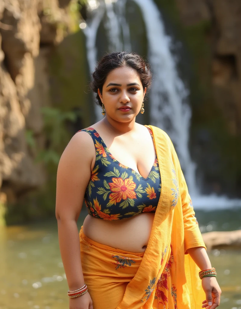 RAW photo, natural lighting, best quality:1.15) Indian woman Nisha, wearing colorful saree blouse, 40 years old, (chubby cheeks:1.1), (curvy body:1.4), (eyeglasses), (bindi), An Indian beauty, charismatic, fair skintone,  smile, garden, (detailed facial features), front view, big , wide , plump around navel, big thighs, thick thighs, big navel, wet belly, wet navel, wet body