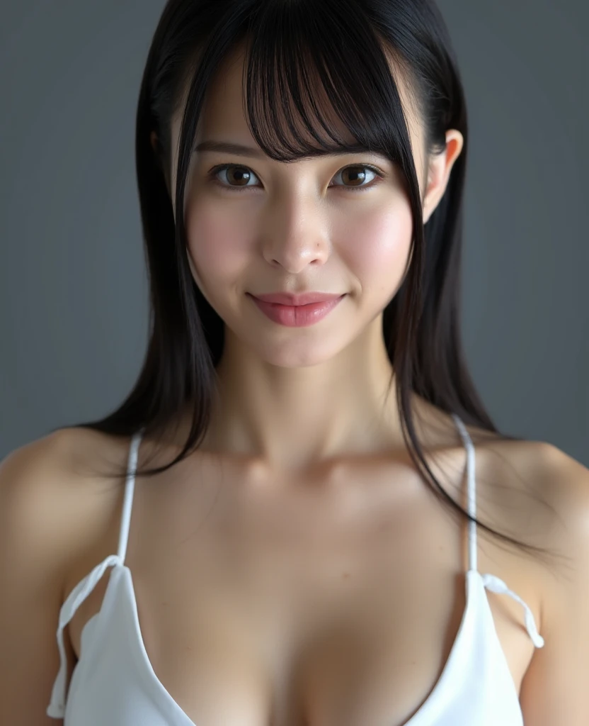 score_9, score_8_up, score_7_up, uncensored, realistic, simple background, gray background, 
1girl, beautiful girl, (_child:1.3), (_chibi:1.2), short torso, (small female), japanese, black hair, short hair, bangs, brown eyes, smile, closed mouth, oiled, sweat, lotion, skindetnation, shiny skin, large breasts, hanging breasts, sagging breasts, large areola, areola slip,
white microbikini, erect nipples, puffy nipples, (see through),
standing, (bent over), breast grab, upper body,