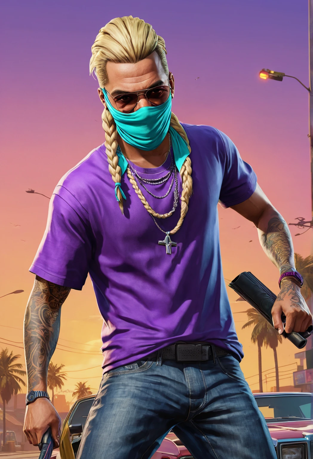 A close-up of two men standing together in an outdoor setting, with a house and trees in the background. The man on the left has a shaved head and is wearing a purple bandana covering his mouth, along with a beaded necklace featuring a cross pendant. He has visible tattoos on his arms and is shirtless .