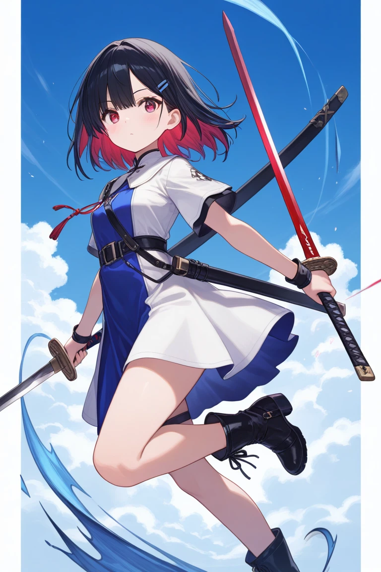Woman with weapon coming out of body、kawaii、A magic circle appeared above my head and at my feet、On the roof of a building