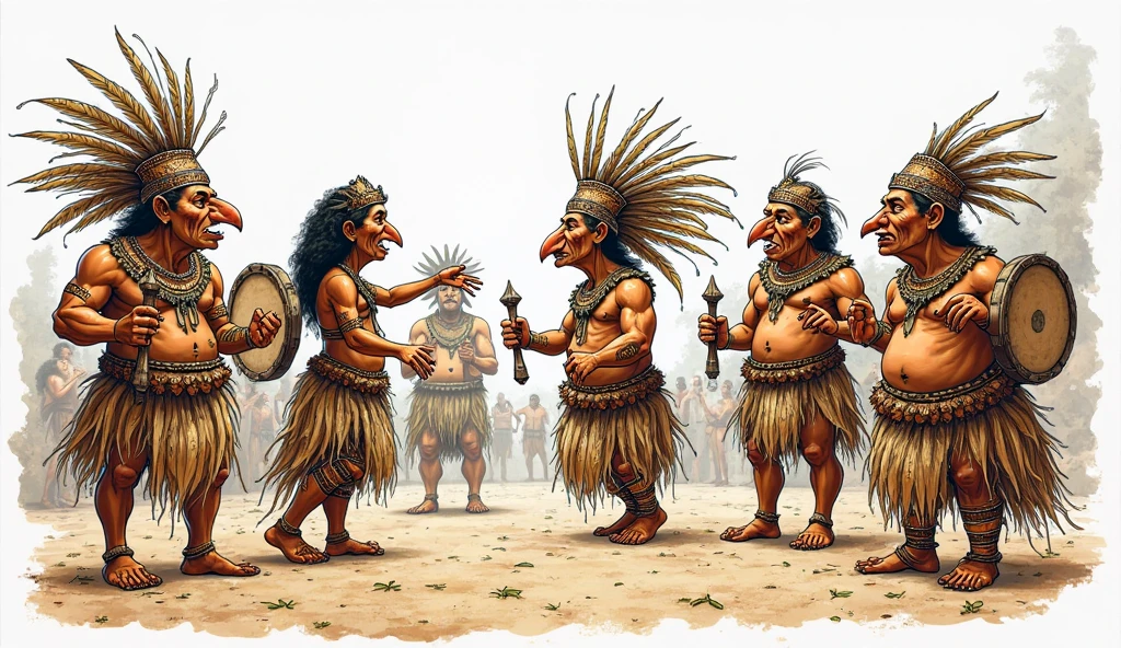 A group of Andean gods talking in black and white cartoon drawing that are nice 