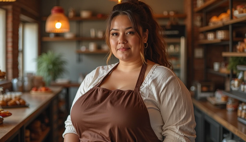 a beautiful Indonesian woman, slightly chubby, only wearing an apron without shirt, is cooking in the kitchen. The kitchen atmosphere is a background detail. look at the viewer, natural light, realistic photography, wide angle shot from side,