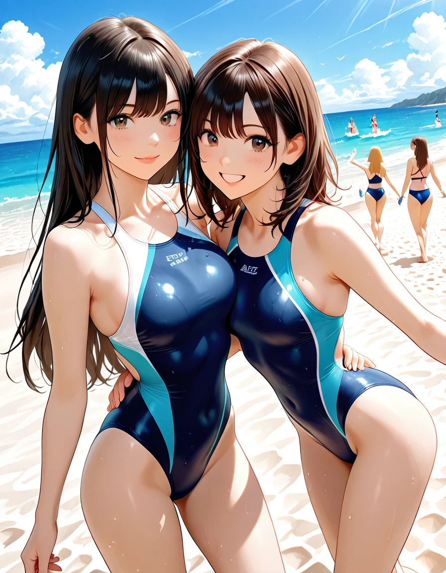 Top quality, very delicate and beautiful, late twenties, older sister, oopy, busty, (blue hair like the sea), white high-leg swimsuit, blue eyes, standing, smile,