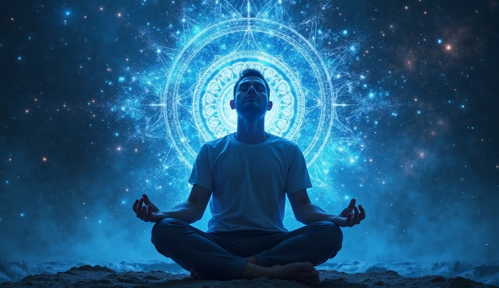 I would like the silhouette of a person in a state of meditation. A subtle light comes out of his chest, drawing the shape of the kundalini energy. The background of the image should be very calm, a very starry night. In the corner of the image, two beautiful mushrooms intertwined. These mushrooms are of many colors, evoking a psychedelic trip. These mushrooms should be in the corner of the image.