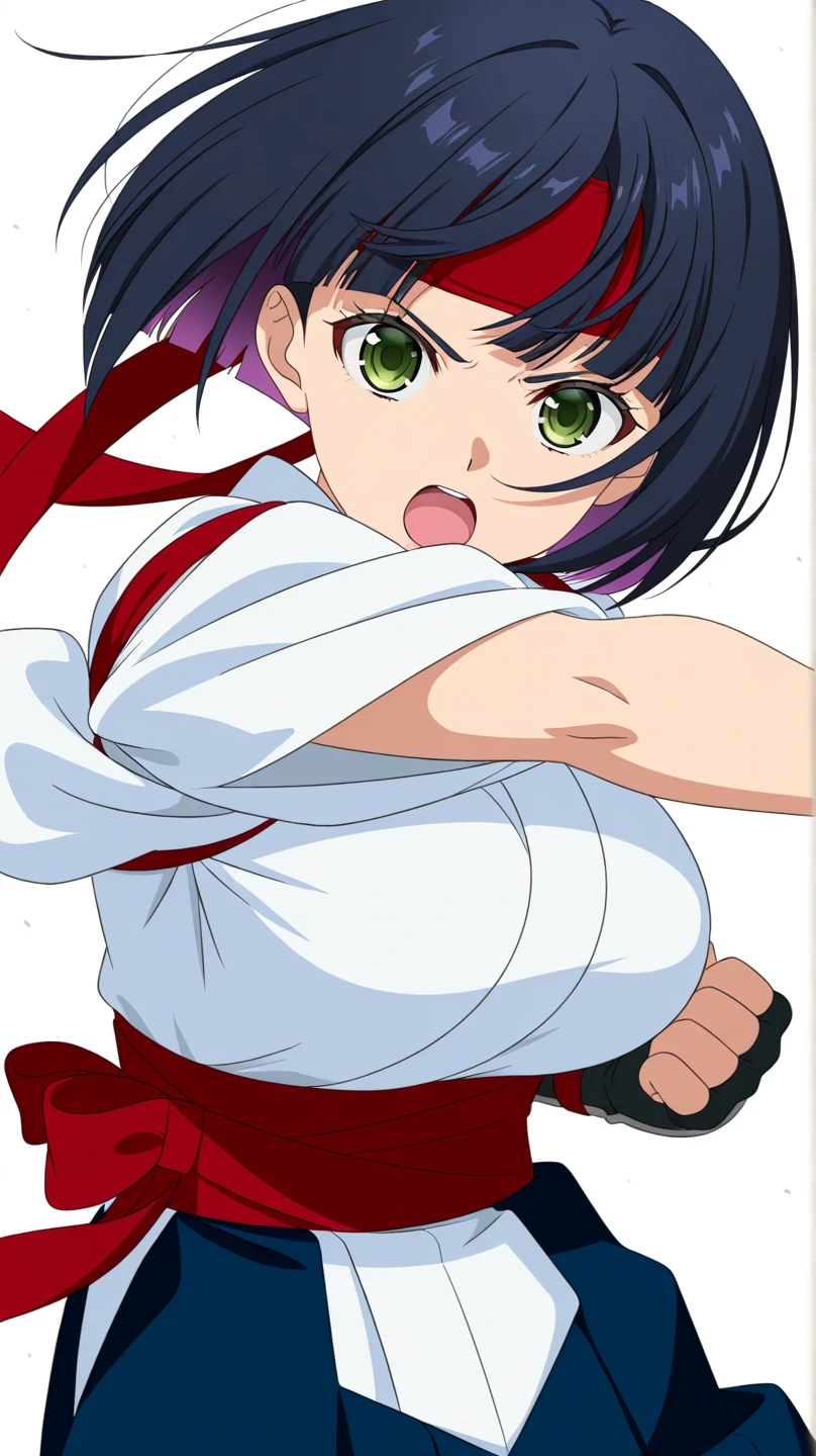 1girl, (shizuka mikazuki), focused upper body, realistic, (short purple hair and hair clip), purple eyes, standing pose, (pink tanktop and pink skirt, blue jacket), purple background
