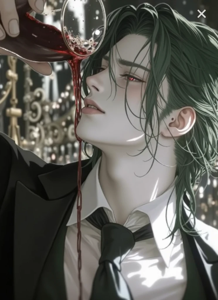 (blood sacrifice), distant profile, emerald cup, (black demon),vomiting blood into the cup
