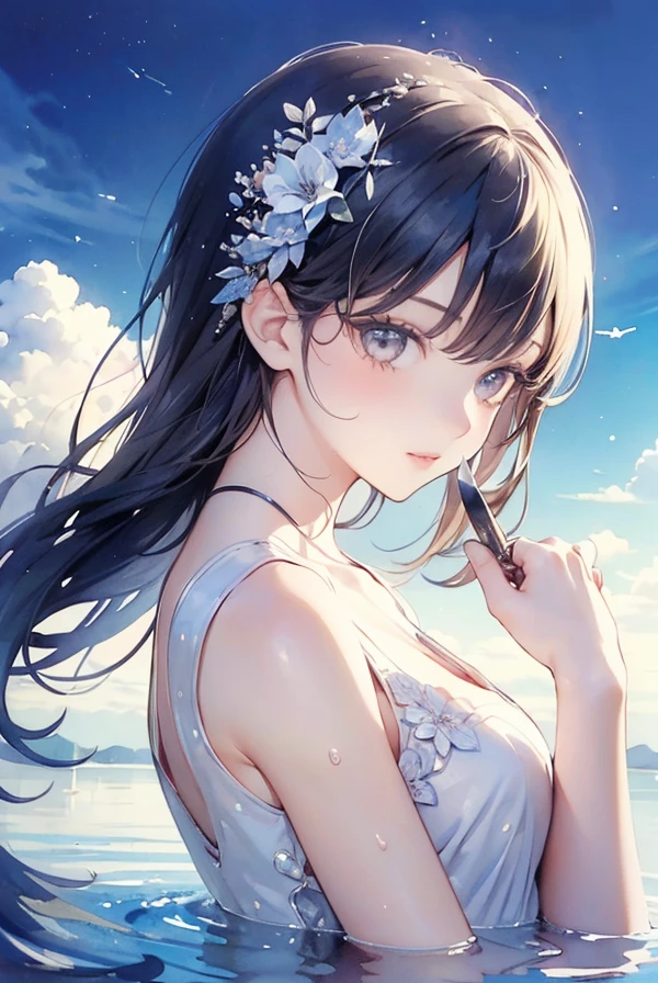 young girl black hair short hair red eyes irreverent face look down thin body thin thighs small breasts small ass toned body blue sky cloud hair blowing in the wind high quality High resolution 8K watercolor natural feel bridge of the nose ((最high quality)), ((masterpiece)), (get used to it), dignified face grassland close up of face Beautiful as a goddess whole face lipstick eye shadow naked ID photo style one piece long eyelashes Accurate No decoration Bare skin No accessories In underwear skull helmet
