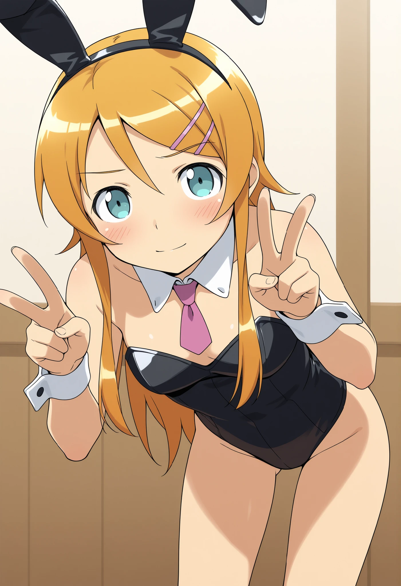 kirino kousaka, long hair, blue eyes, hair ornament, hairclip, orange hair, aqua eyes, playboy Bunny outfit, fake bunny ears,bend forward, standing, v pose, blush, light smile, looking at viewer,high quality, detailed, masterpiece