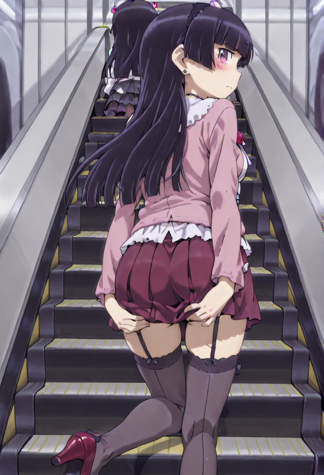 miyuki, One Girl, 一人in, length_hair, Naughty big、Big ample breasts、前hair, green_eye, black_hair, hair_Decorations have been removed, length_sleeve, School_uniform, hair_ribbon, dull_前hair, white_dress, Own_hand_together, black_tie, in_missile, Yuki, Snowflake_hair_Decorations have been removed、Look at the viewers、、Standing on an escalator, (Up escalator), (Lower Body Shot), Thigh Focus, (Shot from below 1.3), (View from behind 1.3)、 (white  panties:1.3)、(Roll-up skirt:1.3)、(Full-fledged panties:1.5)