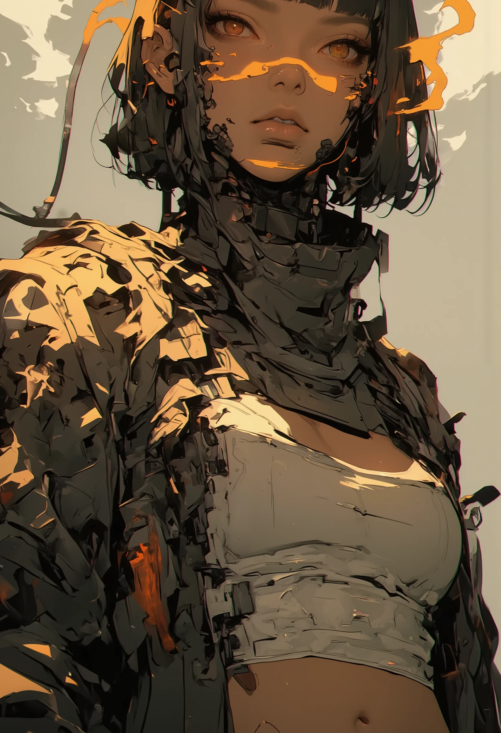 S1n0z1ck style, tanlines, tan, oversized jacket、 denim micro pants 、mini tank top,film style, anime