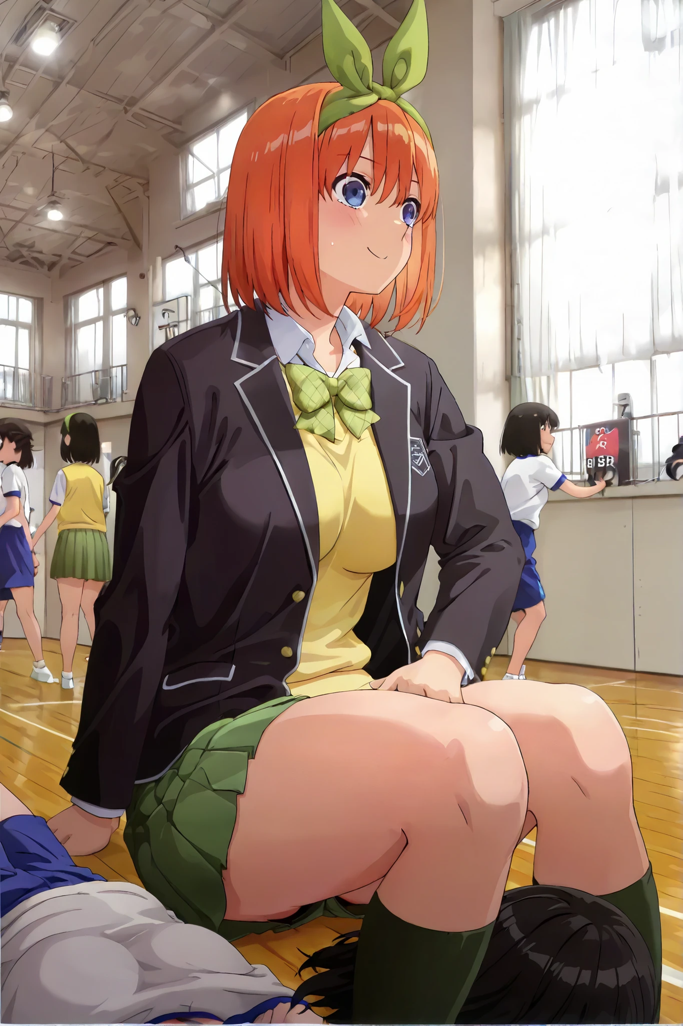 1girl, y0tsuba, large breasts, orange hair, blue eyes, short hair, hair between eyes green bow hairband, black blazer, open blazer, yellow sweater vest, white collared shirt, bowtie, plaid bowtie, green skirt, pleated skirt,thick thighs,sitting on the floor grasping one's knees (as in a gym class),score_9, score_8_up, score_7_up, rating_safe, masterpiece, best quality, absurdres, unity 8k wallpaper, official art, official style, source_anime, uncensored, game cg, megami magazine,taiikukan, indoors, sportswear, multiple girls, indoors, photo background, shorts, 6+girls, ceiling light, black hair, ceiling, stage, wooden floor, gym uniform, sportswear,jyojifuku, white shirt,  short sleeves, shorts, gym uniform,20+girls