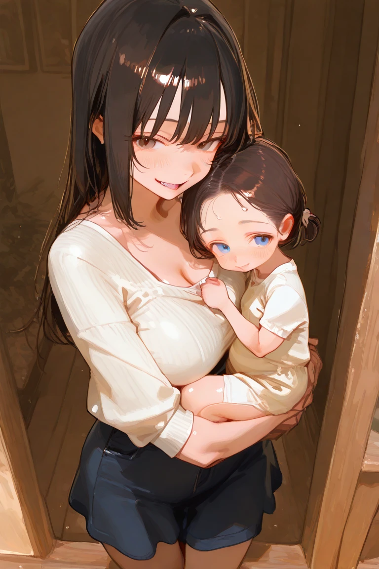 score_9, score_8_up, score_7_up, source_anime, 1boy, 1girl, mature female, mother and son, ???, smile, looking at viewer, The mother is sitting, son is clinging on mother, white dress, from behind, (focus on her hips), Riding on son's cock