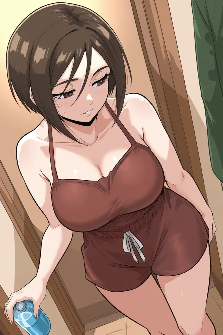 sexy woman, mature, huge breasts, large breasts, nude, nipples, curvy, voluptuous, crossed legs, brown hair, green eyes, short cut, slick back, necklace, smile, sitting, restaurant, indoors, solo focus, multiples people, crowd, public indecency, public nudity, exhibitionism, (masterpice:1.5), (high-quality:1.5), (best-quality:1.5), (highly detailed woman), high detailed eyes and face, highly detailed fingers, intricate_details