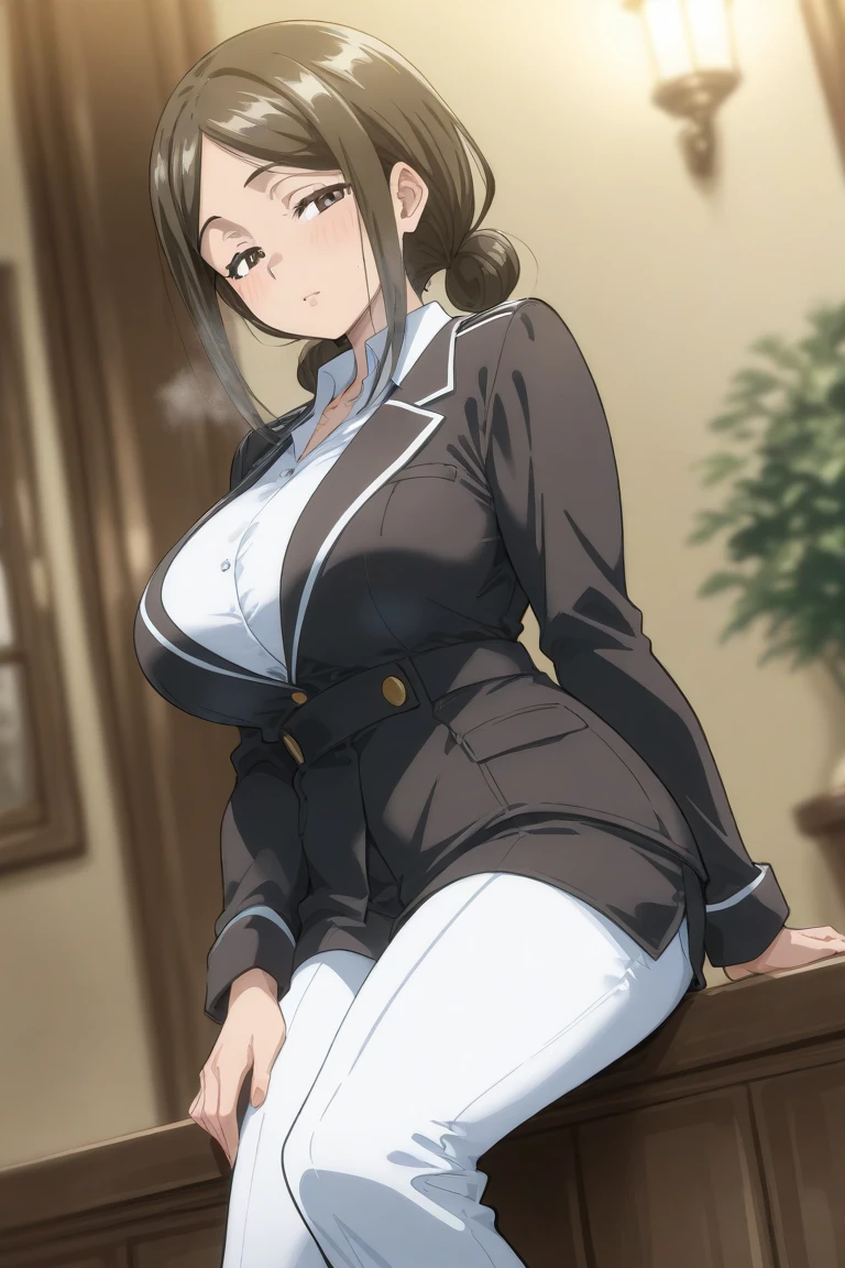 ((best quality)), ((masterpiece)), (detailed),black formal suit, minami kotori, curvy body,sexy, big breasts, thighs , smile,in office