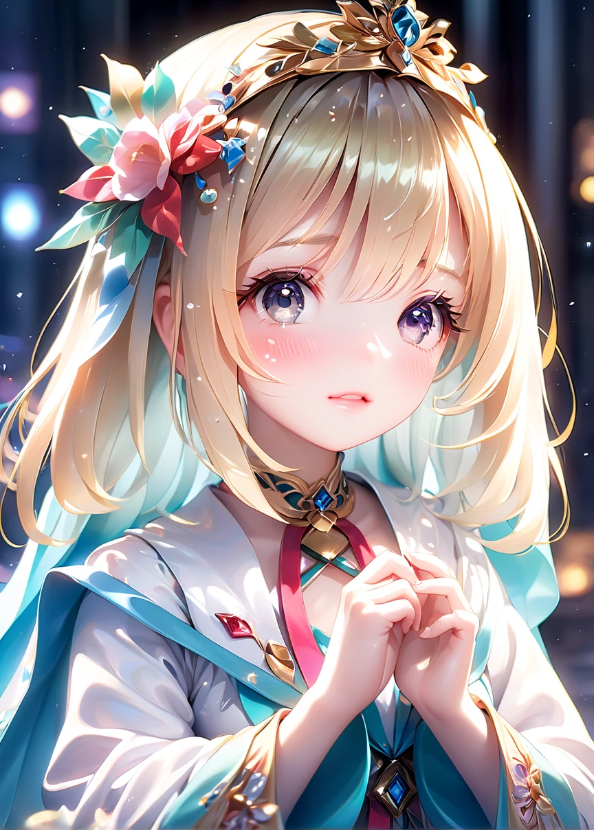 Very detailed CG Unity 8K wallpaper, Cute One lady, Mature blonde lady ,beautiful  lady, pale skin (Super masterpiece, Beautiful person, well detailed face polluted smile,  Photorealistic, hyper realisitic), Colorful winter kimono in gold and white colors、(white fur)、Japanese Style Hair Accessories、smile、Japanese background with pink flowers and snow、Portrait、Light blue eye、flat chest、(Glowing Skin:1.7)