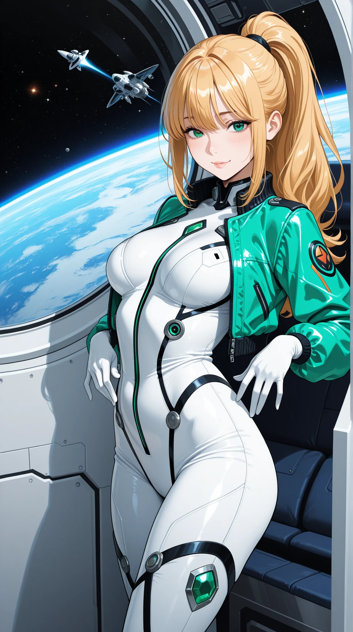 ((Masterpiece)), ((Highest Image Quality)), (((Best Quality)), (Illustration of One Girl), Full Body, 25 Years Old, (Neutral)), ((Blonde Twin Tails)), Light Golden Eyes, (Tall)), (Muscular Strong Body)), ((Muscular and Thick Body)), ((Muscular and Thick Arms)), ((Muscular and Thick Legs)), (Manspreading)), Open Legs, (((Army Uniform)), (Army Hat)), (((Army Coat)), (white clothes), (white pants), (white hat), trench coat, ((inside the spaceship, sitting in the captain's seat)), (outside the window, space, Earth seen from space, spaceport)