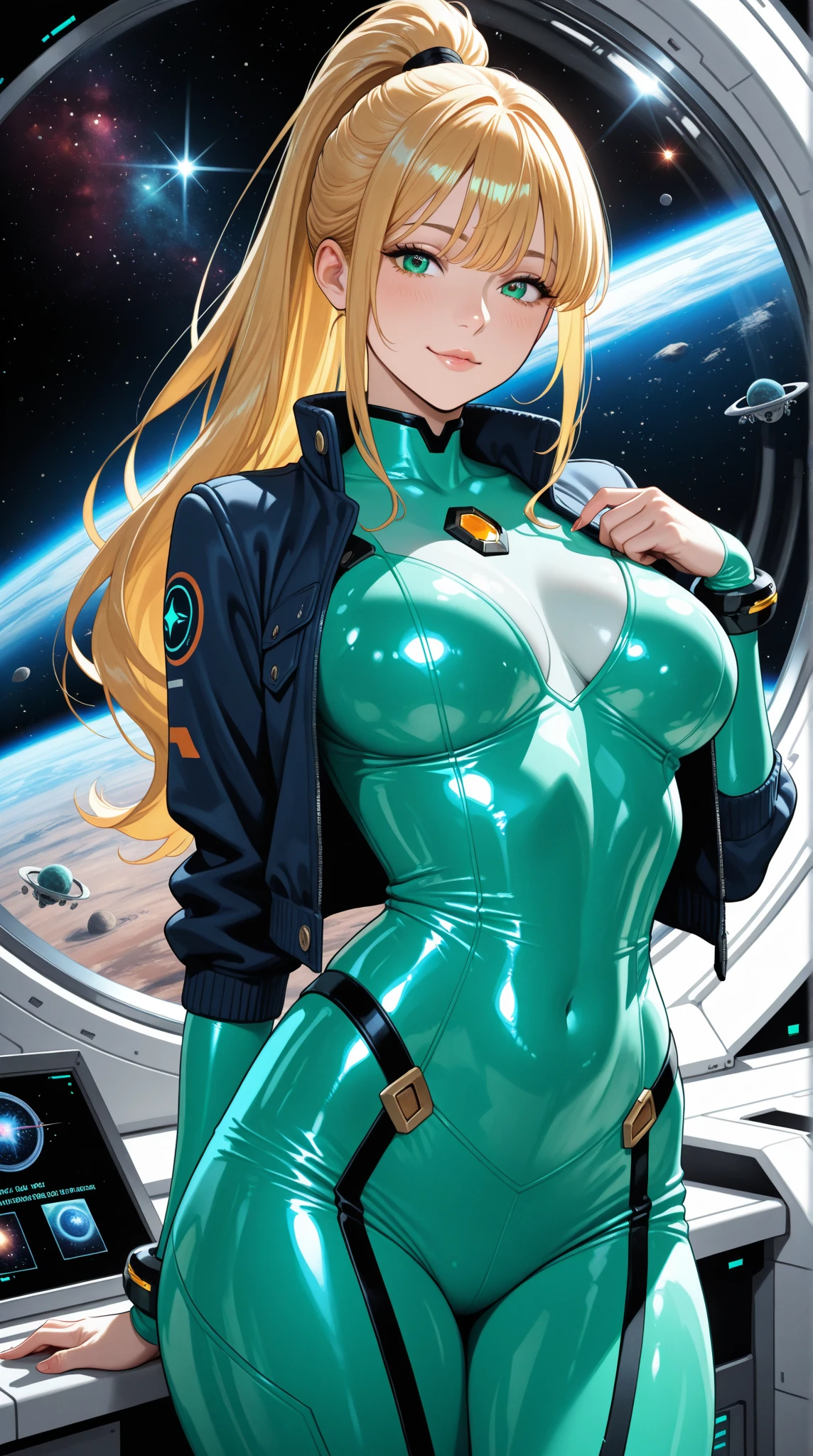 (masutepiece, Best Quality:1.2), (Cowboy Shot:1.1), Solo, 1girl in, mori yuki, slight smile, Closed mouth, Side view, Looking at Viewer, Blonde hair, Long hair, Thigh gap, Yellow bodysuit, skin-tight, Perfect body, Large window, (starship porthole:1.3), (Spread legs:1.3), (Standing:1.1), Thigh gap,  Pose, from side view, Perfect hands, Bright spaceship interior, (outer space view:1.1), (orbital view:1.3), (Night, stary sky:1.5), Milky way,(Big breasts,erectile nipple:1.5)