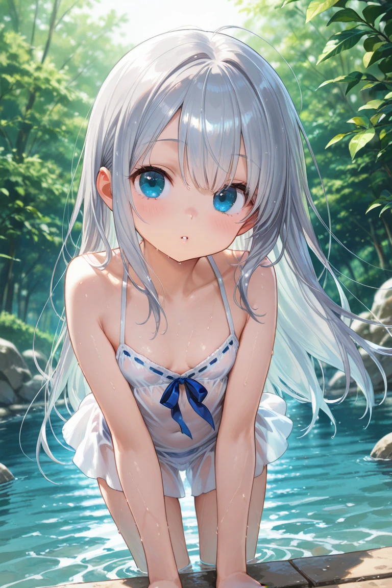 Please write "A beautiful girl wearing only a transparent white school swimsuit when wet"