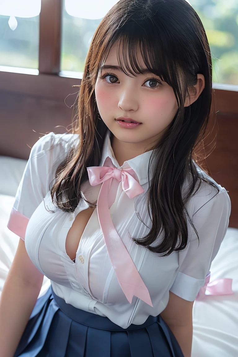 ((highest quality, 8K, table top: 1.3)), 1 girl, shiny skin, sharp, perfect body beauty, Perfect body with realistic shading, (JK uniform:1.3), (Japanese high school girl:1.2)(Uniform bow tie:1.3)(dynamic pose)、(white shirt:1.2), panty shot, ("skirt , ":1.3) , cleavage , (big breasts:1.5) , (cleavage:1.5), small face