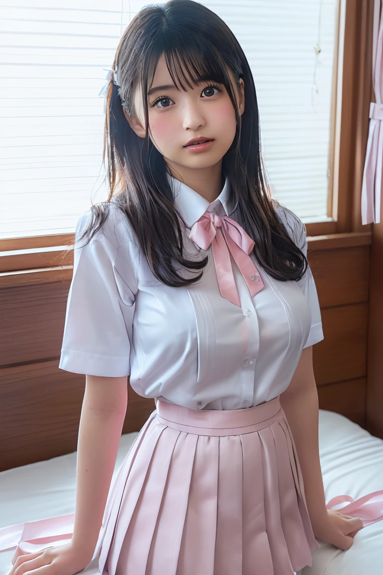 white collared shirt, blazer, bowtie, necktie, pleated skirt, micromini skirt, bobby socks, , white socks, loafers, school shoes,striped panties,(( pantyshot, panties shot)),,skirt up.cowboy shot.spread legs.((full body)).23yo .pee stain