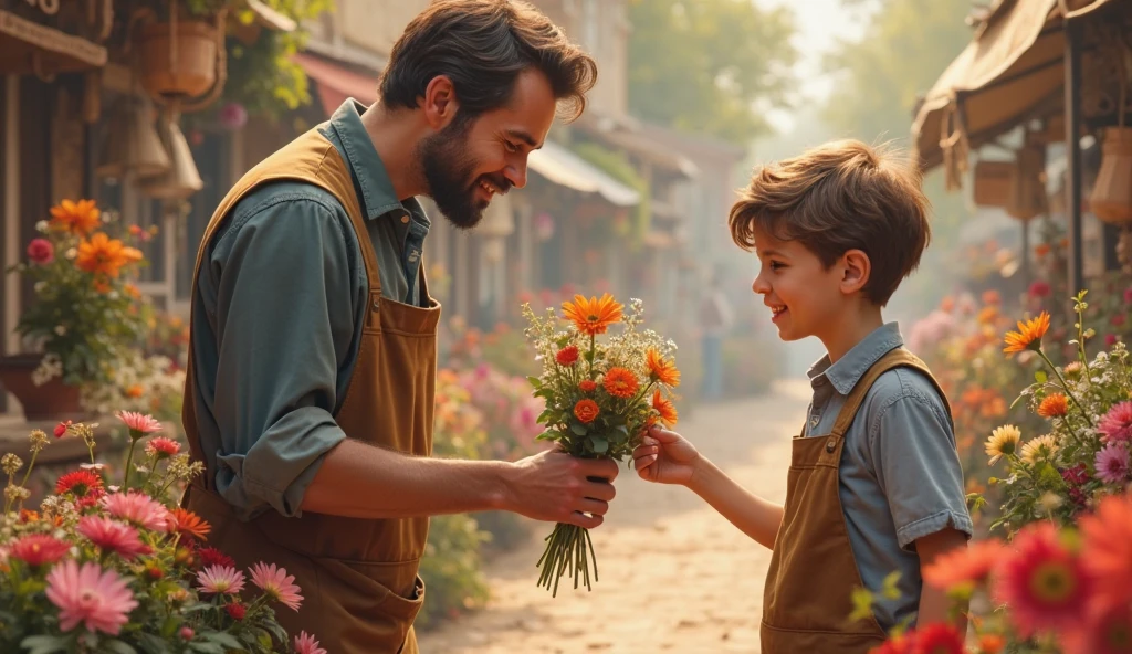 The father lifts the child high, laughing, large area of flowers in the foreground, soft light, comfortable tones, hyper-realistic, 8k