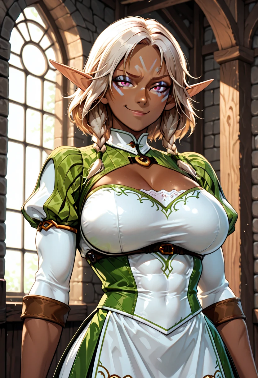 (((Elf Woman))),((Dark Skin)),((White Hair)),((Green Eyes)), ((sexy body)), ((Princess dress)),((Smiling))