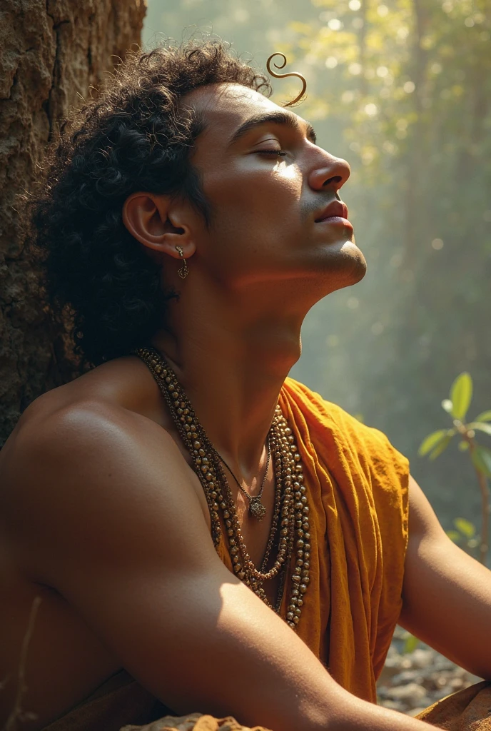 a handsome Javanese man (very short curly hair),seen from the front in a meditative position,namaste hand,sitting cross-legged on the ground,(eyes closed),wearing detailed traditional clothing torn sleveless,including bracelets and a belt with a complicated buckle.his surroundings looked mystical and serene,perhaps in a sacred cave with the light coming through the gaps above illuminating his handsome face.Behind him was a smoke in the shape forming a giant creature from ancient Javanese mythology
