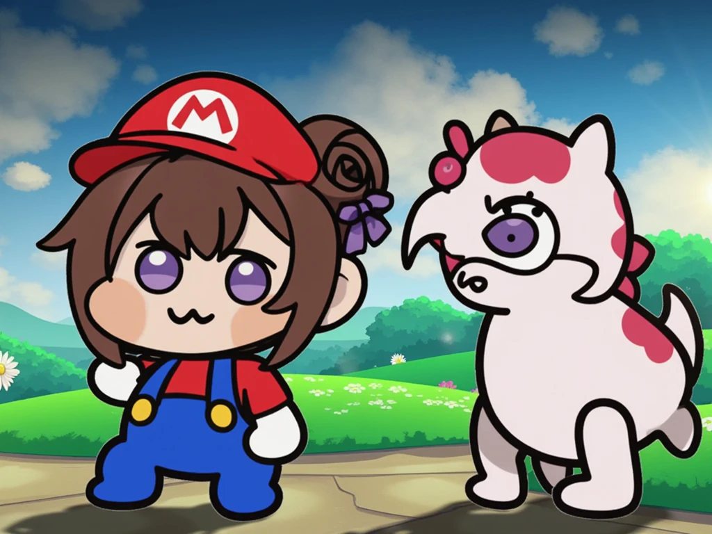 score_9, score_8_up, score_7_up, source_anime BREAK
<lora:Genshin_NPC_EllaMusk_Pony_v1:0.8>, 1girl, 1boy, solo, full body, (park, grass, trees, sitting on park bench together:1.3), (hilichurl:1.8), (wearing loincloth, teal eyes, brown hair, swept bangs, twin braids, (hair flower:1), collarbone, pink dress, flower pattern, short sleeves, white sleeves, (white apron:1.1), puffy sleeves, white socks, bobby socks, brown footwear, (mary janes:1.5), (freckles on cheeks and nose:1.3), (tareme:1.5), smiling, happy, from side, (riding a hilichurl:1.8), open mouth, (running:1.5), (racing, speed lines:1.5), from below, (saddle, holding reins:1.5)