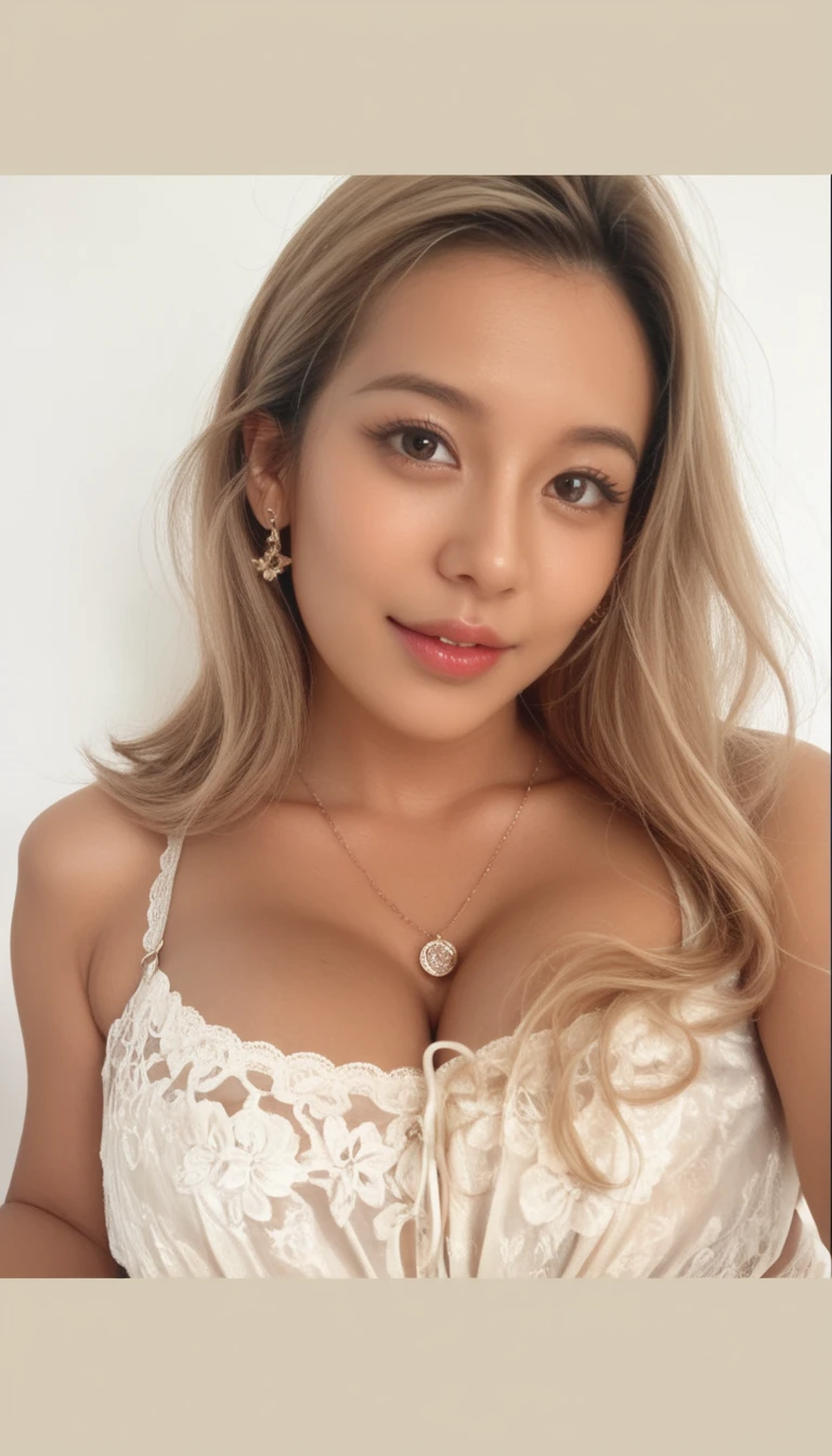 una mujer con cabello largo y rubio que llevaba una camisa blanca y un collar de oro, 18 years, beautiful Asian girl, mezcla rusa y japonesa, preciosa modelo china, preciosa cara delicada, 19 year old girl, Asian girl, muchacha coreana, chica joven y linda, 2 4 year old female model, diosa rubia, Cara extremadamente hermosa, Mujer joven muy hermosa