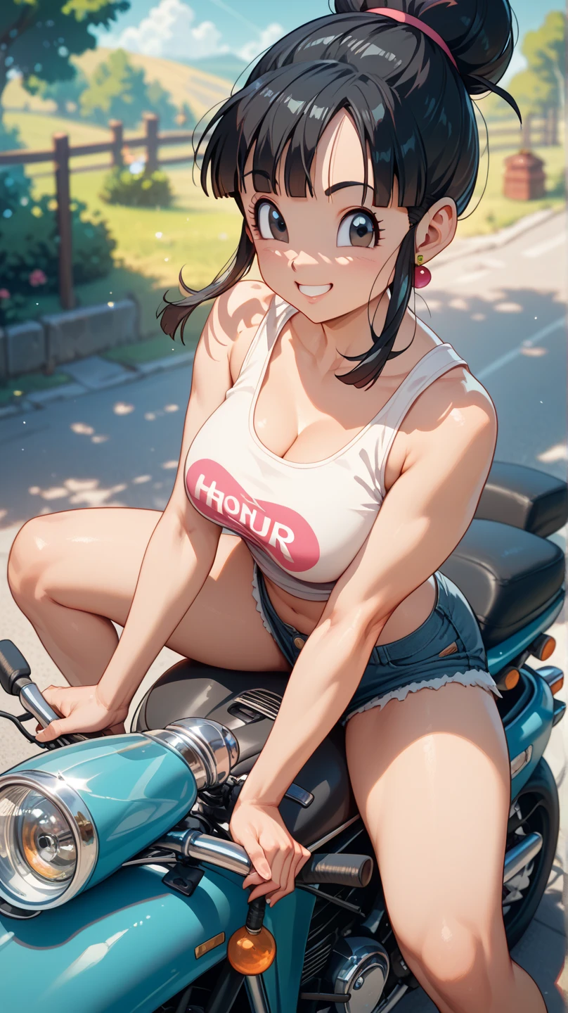 masterpiece, best quality,anime style, 1 girl,(((slender body))), (((small eyes,small breast,breast milk,breastfeeding a baby))),(((Jacket, Open your clothes, Open jacket, Blue jacket, ground vehicle, Sports Bra, bicycle,buruma))),(((((a monkey baby grabbing the girl))))),((((cum)))), (beautiful face), (((short twintail))), (((straight hair))), ((((black hair)))),detailed beautiful skin, (perfect hands, perfect anatomy)