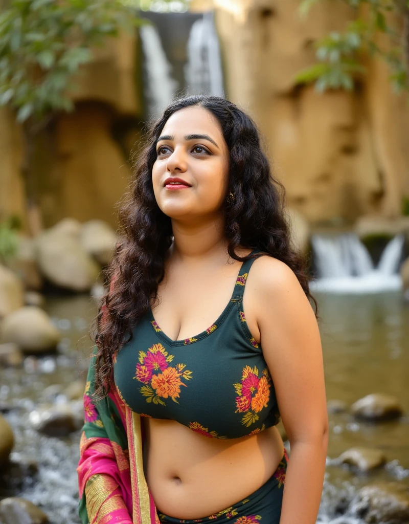  a woman round neck blouse and saree, heading in or out the door,,big cheeks, curvy, hourglass figure, swooping breasts, deep cleavage, open arms, sexy armpits,big penis, nipples, ass, necklace, angle face,round face, beautiful face,(cinematic:1.3),araffe woman in a round neck blouse and saree posing for a picture, in front of a forest background, in the countryside, in a jungle, round neck blouse and saree, jungles in the background, 30-year-old woman from cuba, in jungle, in a tropical forest, in a jungle environment, in the jungle, casual pose, in jungle forest