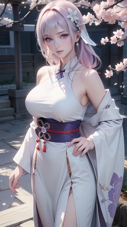 RaidenShogun, detailed clothes, white clothes, blunt bangs, braid, (medium breasts:1.4), cleavage, wide-sleeved kimono, hair ornament, white japanese clothes, (red obi:1.4), (light purple hair:1.4), very long hair, straight hair, detailed face, cool face, (smooth chin:0.85), looking at viewer, beautiful eyes, detailed eyes, skirt, (sunset:1.4), from side, (Cherry tree:1.5),photon mapping, physically-based rendering, RAW photo, highly detailed background, (photo realistic:1.35), high res, perspective, facing front,(ulzzang-6500:0.4)