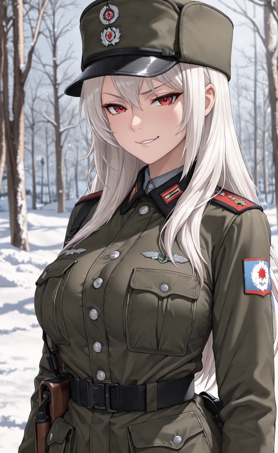 score_9, score_8_up,score_7_up, score_6_up,source_anime, alya, long hair, silver hair, ahoge, crossed bangs, hair ribbon, sidelocks, blue eyes, Soviet Military uniform, Soviet garrison cap, belt, short hair, look at the viewer, smile, skirt, outside, tree, winters, snow