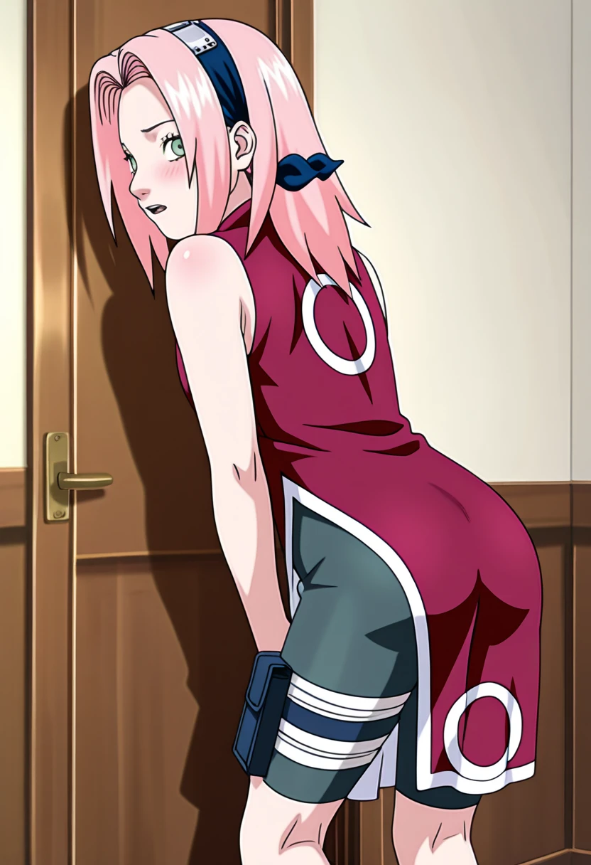 ((best quality)), ((masterpiece)), (detailed), perfect face, Perfect body, perfect anatomy, 1 girl, sakura haruno, pink hair, green eyes, red clothe, sexy pose, naked, ass, pussy, full body, realistic, high detail, high quality image, 8k