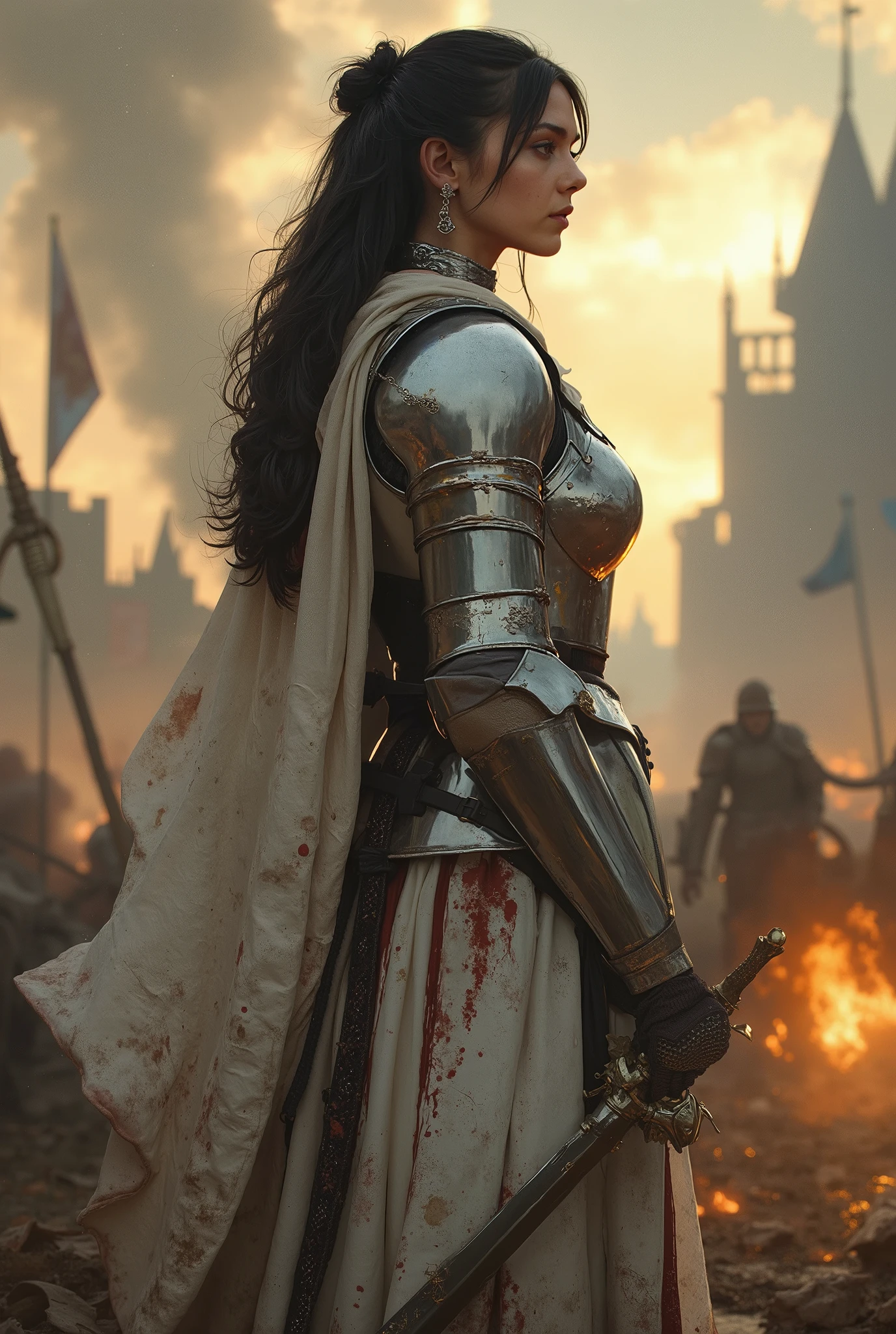 A tall and muscular female knight, 180cm in height, wearing radiant pearl-white armor with silver trim, standing beside her injured warhorse on a blood-soaked battlefield — she is turning her head over her shoulder, looking back solemnly at a burning warzone behind her, with flames rising into the dusk sky, smoke and ash swirling around broken banners and ruined siege towers — her long dark hair is loose, dirt-streaked, and her face is illuminated by flickering firelight, eyes filled with grief and resolve — blood and soot mark her once-pristine armor, her spear planted in the ground beside her, cape torn and fluttering in the hot wind — ultra-realistic cinematic fantasy art, inspired by epic historical battles and heroic tragedy, painterly textures, high detail and atmospheric tension