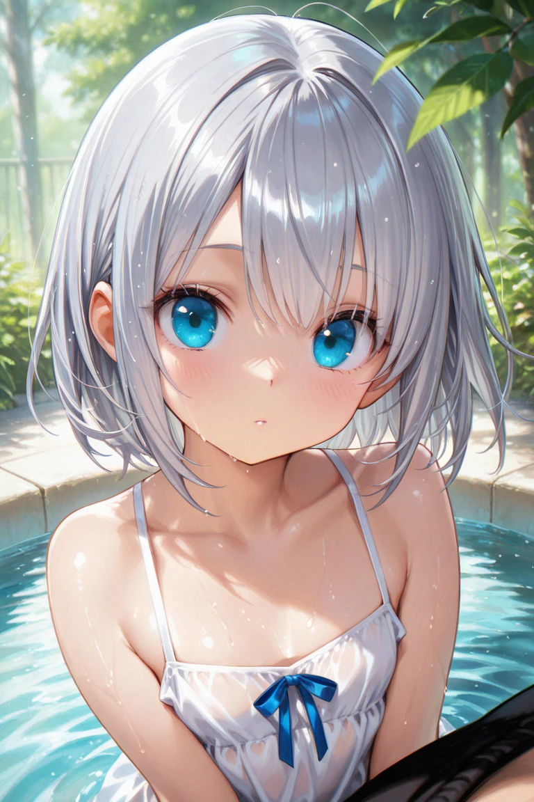 (Highest quality, 8k, 32K, masterpiece, Ultra-high resolution,:1.2),born, One girl,Super cute , Natural light,Clear, shining eyes, 20-year-old ,Fair skin, Silver hair, Bold Swimsuit, Silver swimsuit