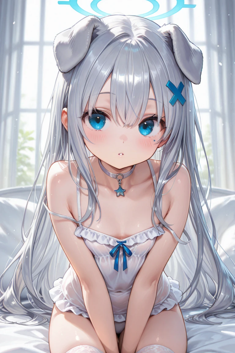 beautiful girl, naked,Cat ear,Long white hair,Light blue eyes,cute, young, small limbs, short fingers, Big Breasts, smile, Red cheeks,Big ribbon, Thin and light clothing, dress, Sheer white lace tights, Thin, sheer white tights,Smooth Skin,lift the perineum,Her cleavage is protruding ,(Spread your legs),(The hand details are perfect too.),(Wet),Squat,Wet,Sweat,tears,Leaking pee,Saliva