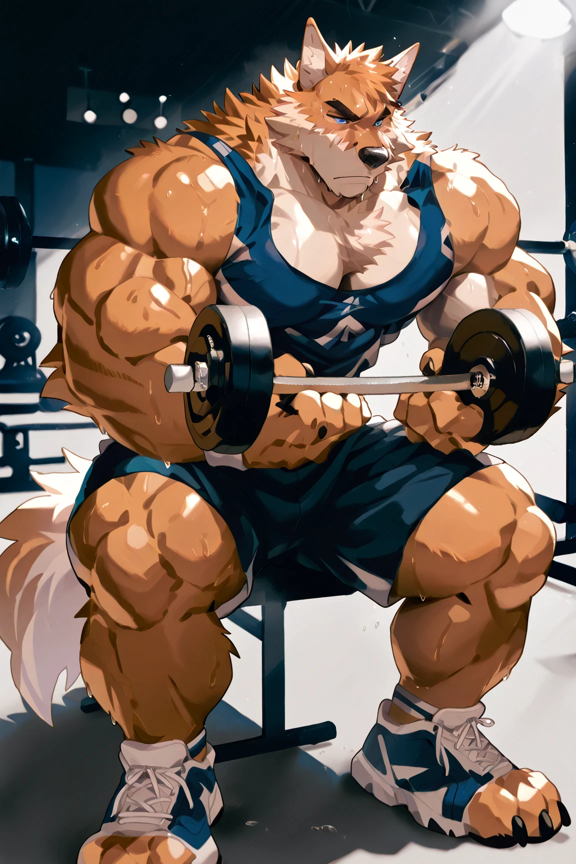 yan shu chi, full body, ambient light, posted on e621, topless, feet, abs, green eyes, ultra high quality, 4k, one arm raised, sweat, sweaty, gym, bulge, underwear, bulge on underwear, big bulge, weigh lifting