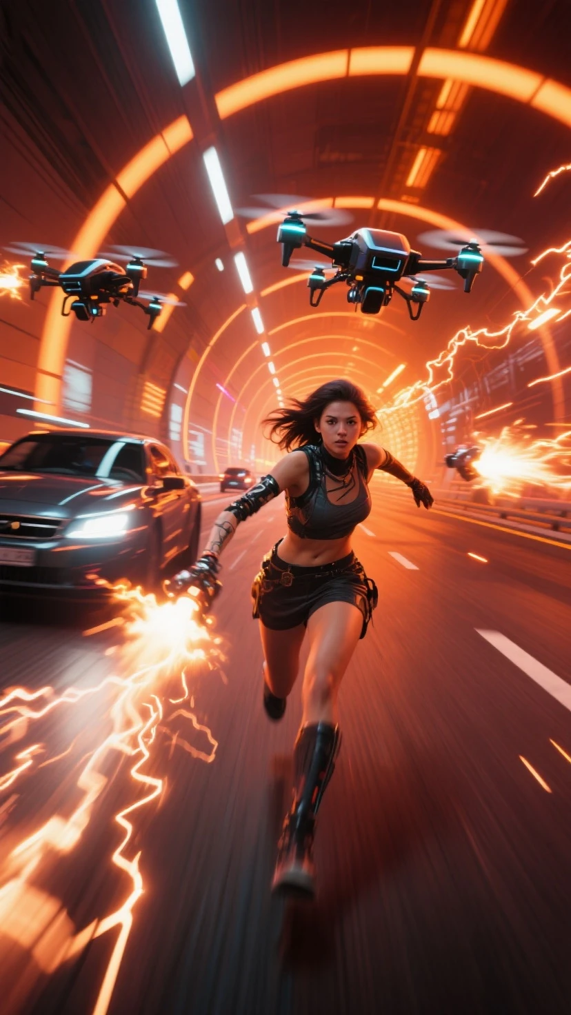 at night, 1girl, solo, large-breast sexy slim woman, bikini top, mini skirt, black sunglasses, wind-blowing hair, glove, speeding a classic motorcycle in action, (trailing motion blur effects:2.0), supercar chasing behind, half-body medium shot, hologram cyberpunk street as background.