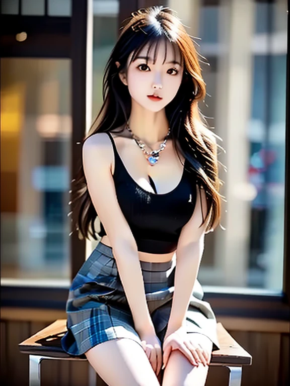 Dark brown hair、Light brown eyes、The Face of Japan、 Lady、I'Iは彼とIが好きです'I'Iは40歳くらいです.、(Intricate details:1.2)、(Which is the top?????:1.4)、 (Ultra-high resolution:1.2)、Ultra-high resolution、(Finely tuned)、(Detailed facial features)、8k resolution、D cup size breasts、Long Hair、masterpiece,highest quality、Street、choker、Tulle miniskirt、Heeled Sandals、Beautiful legs、Crop top、