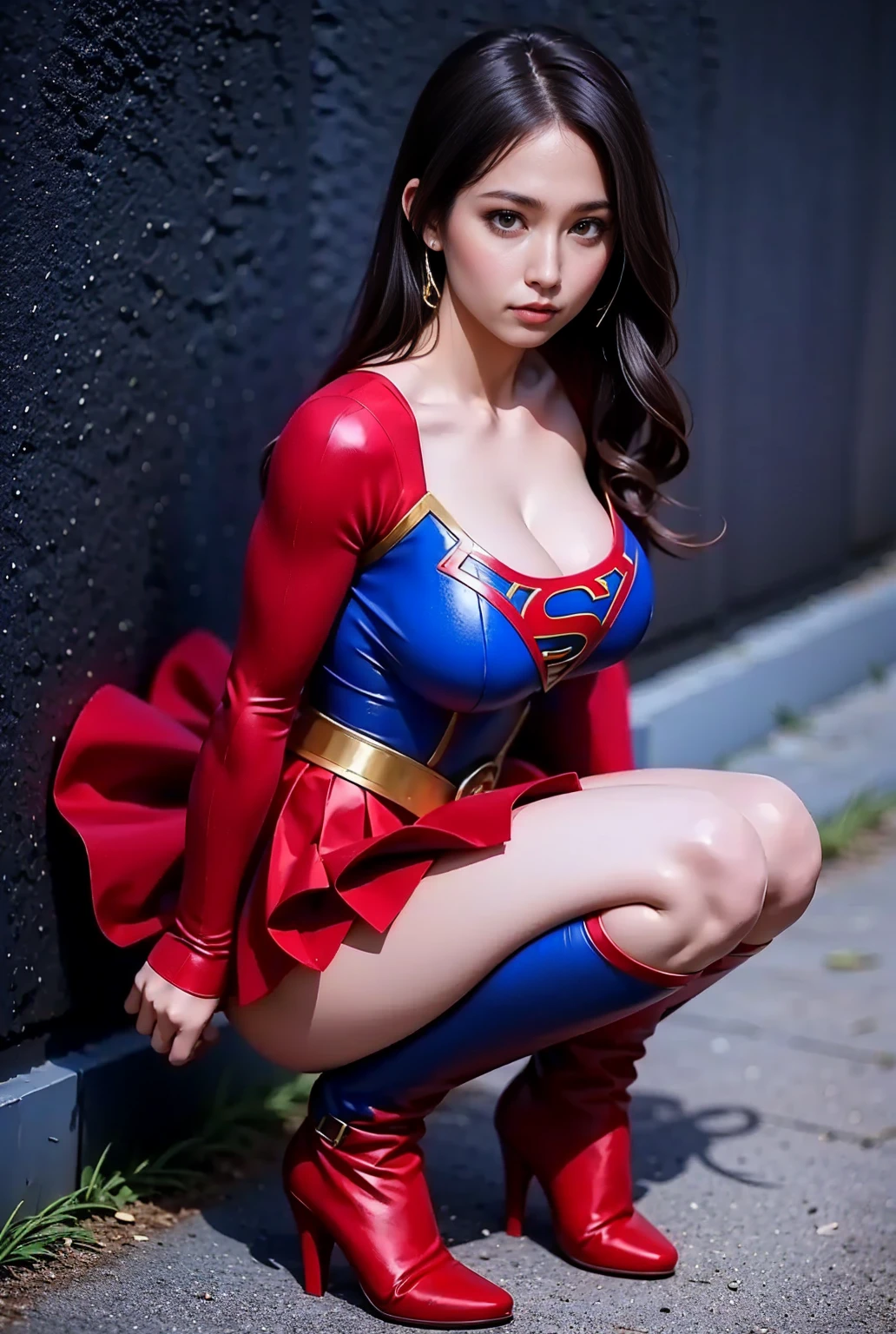 NSFW、((flat chest))、((Rogel))、(((Photo from the front of the body)))、highest quality、best image quality、masterpiece、Creating Japanese Women, (smile), Embarrassing, blush, Day Park Bench, black shiny hair, 15 year old student, With bangs, Ponytail hair , Blue eyes and Igamem Realistic RAW 8K, The top of a skyscraper shining in the blue sky, Lens Tips, Superman, ((Uniform style separate costume for athletics))、(((No sleeve)))、(((Supermans super garment is metallic blue)))、abs、(((Small red metallic panties))), (((High leg)))、(((camel toe))), bulge in pants, female pervert々Lion Junior, (embarrassing)、blush, ((Sweat)), Superman symbol on background、((((squatting on the ground))))、(((squat)))、((((Open your crotch wide from side to side)))), (((Please spread your legs and show me)))、(((Long boots in red metallic stiletto heels)))、(((arm behind head)))、(show off your armpits)、look at the audience、Please show your crotch to the viewer、professional photography、professional lighting、natural soft light、