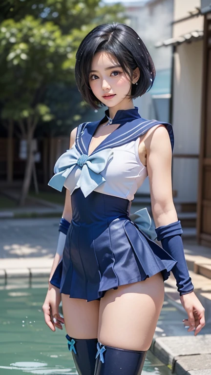 arafed asian woman in a tight white sailor suit and tiny blue skirt posing for a photo, very sexy pose, elegant seductive pose, sexy look, sultry body,  anime girl cosplay, ((Little blue miniskirt|plaid mini skirt)), ((huge breasts|white sailor suit)) ((white sailor shirt|blue color|blue bow)), ((blue long boots|high heels|knee high)), ((White long gloves|Blue Stripe)), ((blue choker|sapphire)), ((She wears a golden tiara on her forehead)), ((long and thin legs)), ((small white thong)), 2 4 year old female model, beautiful charming teen, model with attractive body, sexy body, ゴージャスなyoung韓国人女性, beautiful feminine body, ゴージャスなyoungモデル, young、sensual、elegant, gorgeous chinese model, ((curly bangs)), ((Very dark short hair)), ((Messy black hair)), wavy hair, (masterpiece:1.3), High resolution, ((sailor mercury)),((outdoor,garden,Bright and sunny))